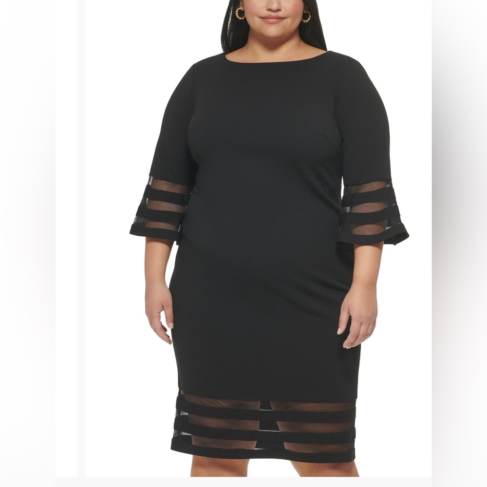 Calvin Klein plus size black 3Q illusion stripe bell sleeves sheath dress 20W - Picture 4 of 9